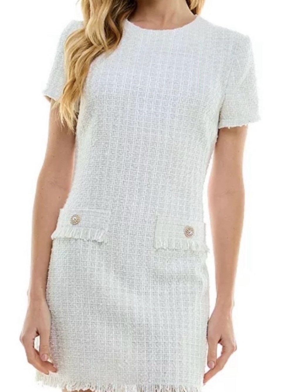 BeBop Ivory Tweed Dress with Buttoned Pockets